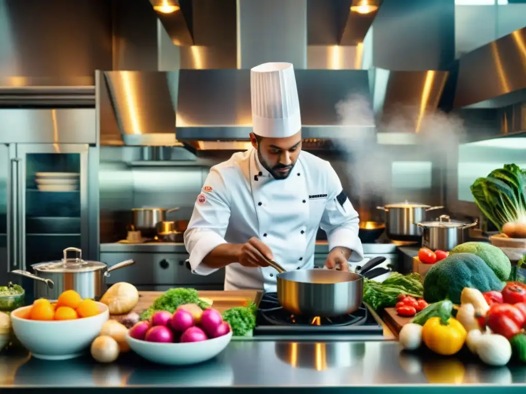 Fotografía de alta resolución del proceso de cocina gourmet en una cocina bulliciosa con ingredientes en movimiento y un chef concentrado