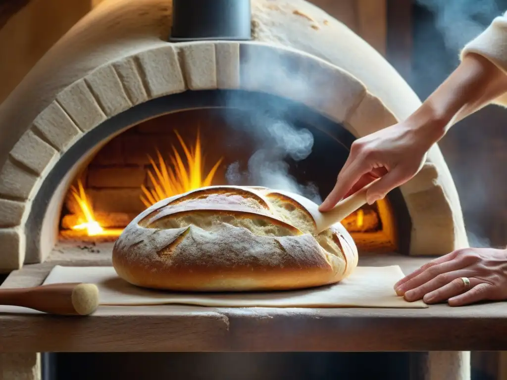 Proceso detallado de panificación en horno de piedra: manos expertas amasan la masa