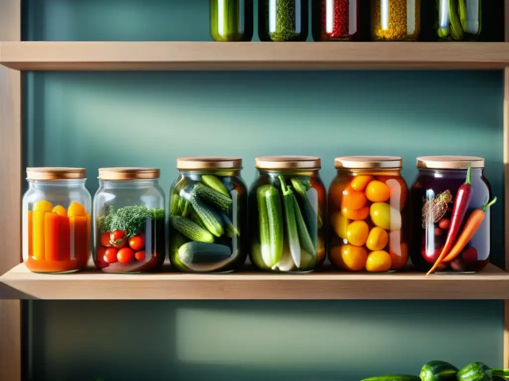 Proceso fermentación encurtidos gourmet: Frascos de vidrio con vegetales coloridos en salmuera, burbujeando en una cocina rústica soleada