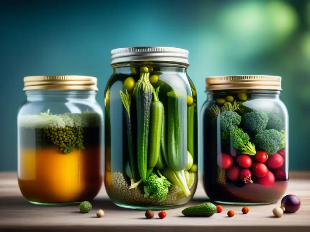 Proceso de fermentación encurtidos gourmet con vegetales y especias coloridos en frascos burbujeantes