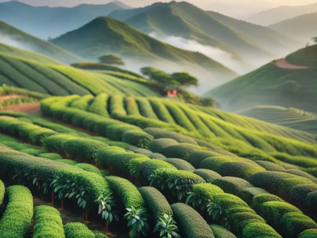 Productores artesanales de té recolectando hojas en plantación al amanecer