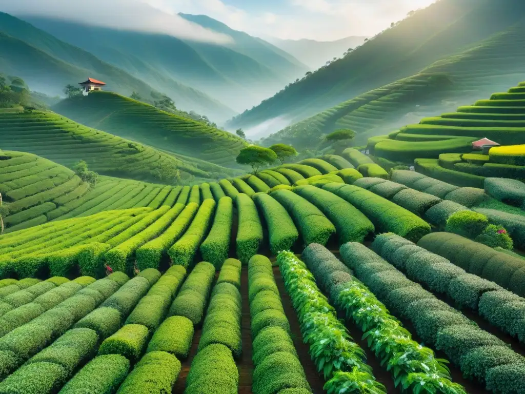 Productores artesanales de té cosechando en plantación de té en la montaña