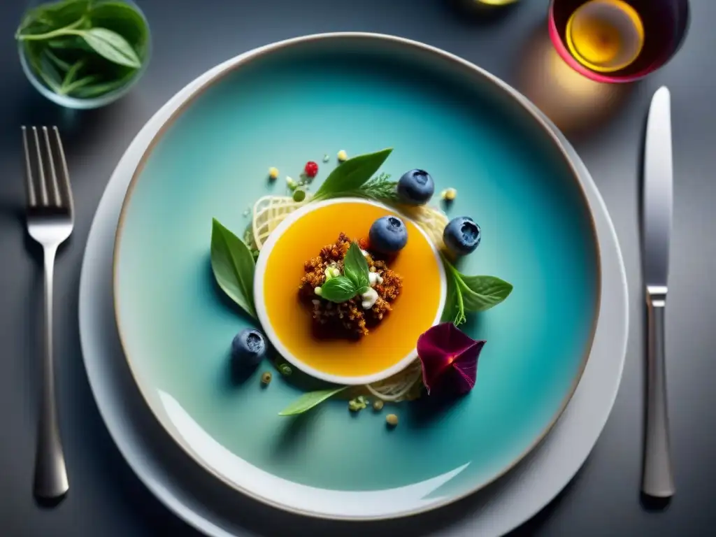 Fotografía de alta gastronomía profesional: exquisito plato gourmet con colores vibrantes y detalles intrincados