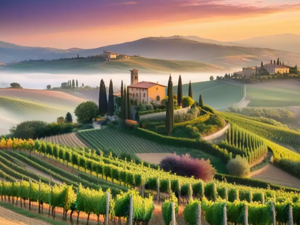 Puesta de sol dorada sobre viñedos de la Toscana, creando una atmósfera mágica
