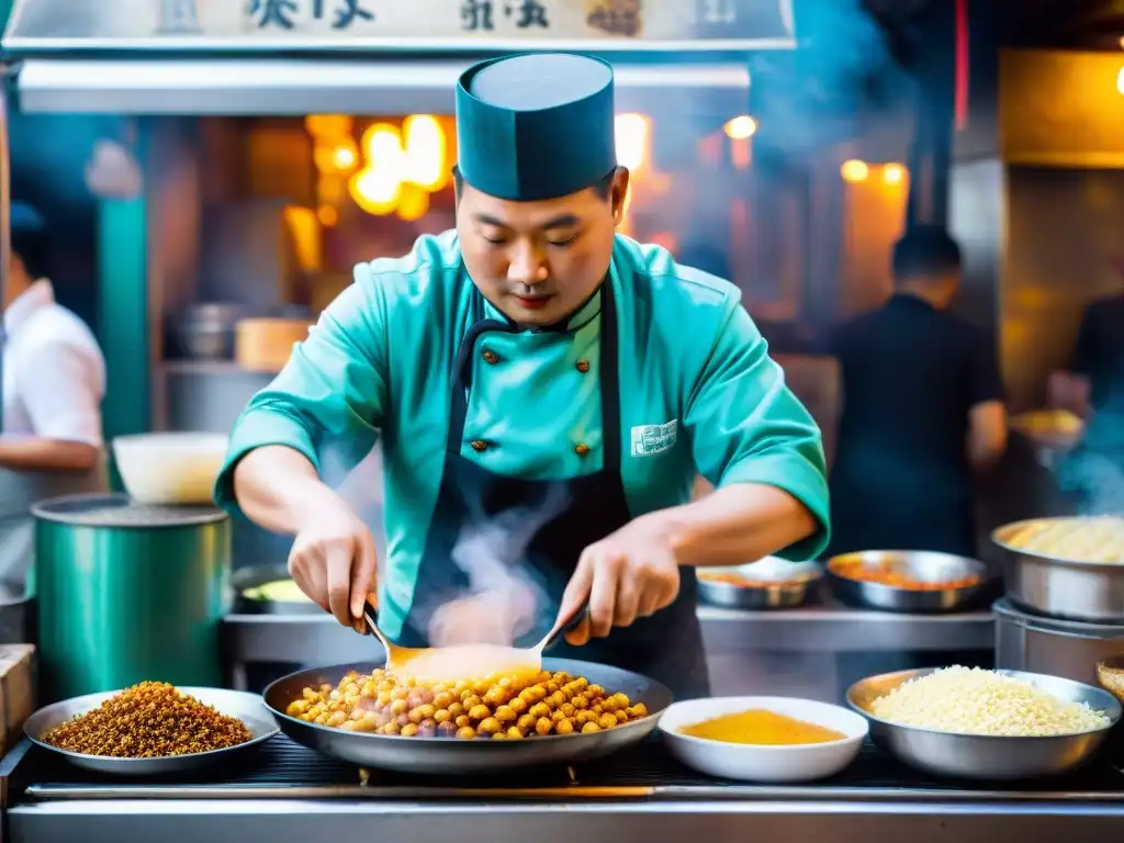 Un puesto de comida callejera chino bullicioso muestra a un chef experto sirviendo masa en una plancha para hacer un Jianbing tradicional