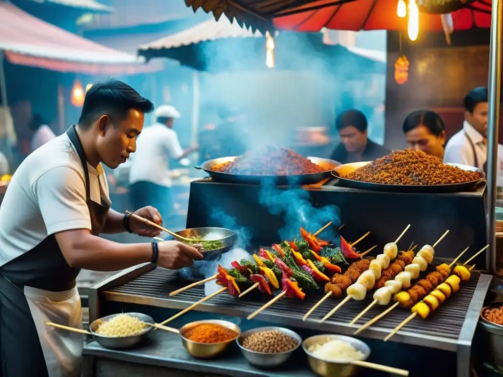 Un puesto de comida callejera en Indonesia con un chef experto cocinando sabrosos sates sobre brasas calientes