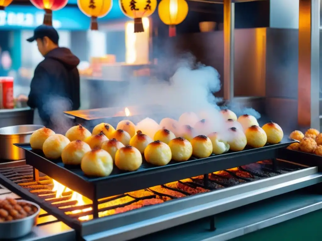 Un puesto de comida callejera en Osaka, Japón, con secretos Takoyaki japoneses deliciosos cocinados a la perfección