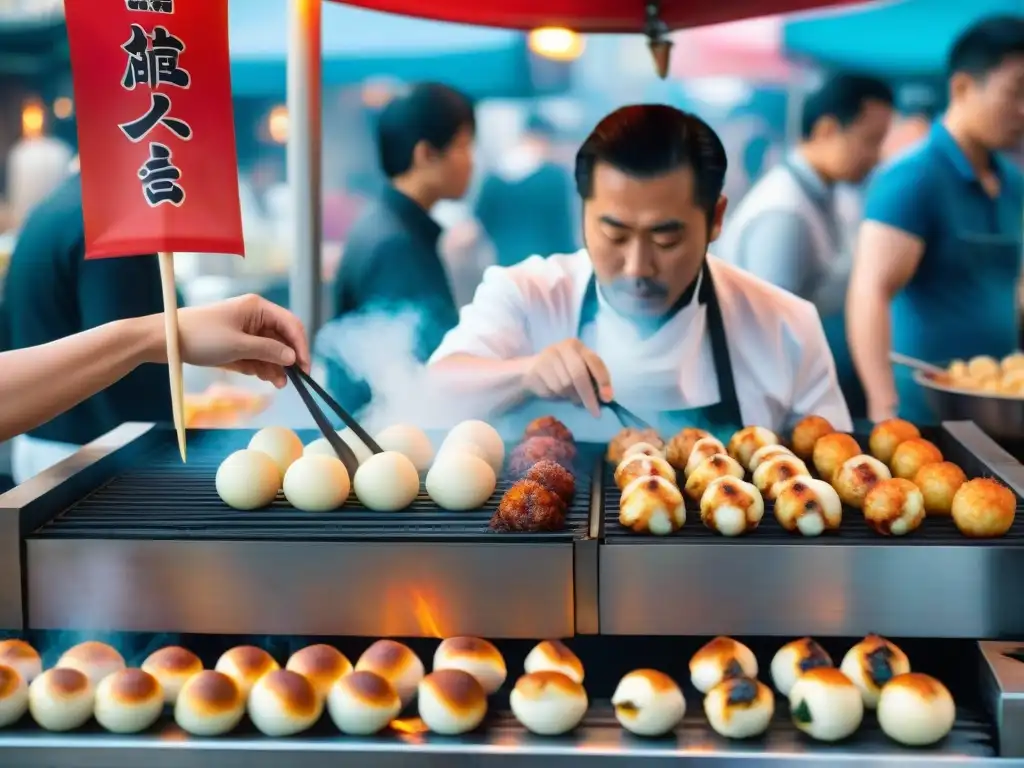 Un puesto japonés en un bullicioso mercado callejero, mostrando la elaboración experta de Takoyaki