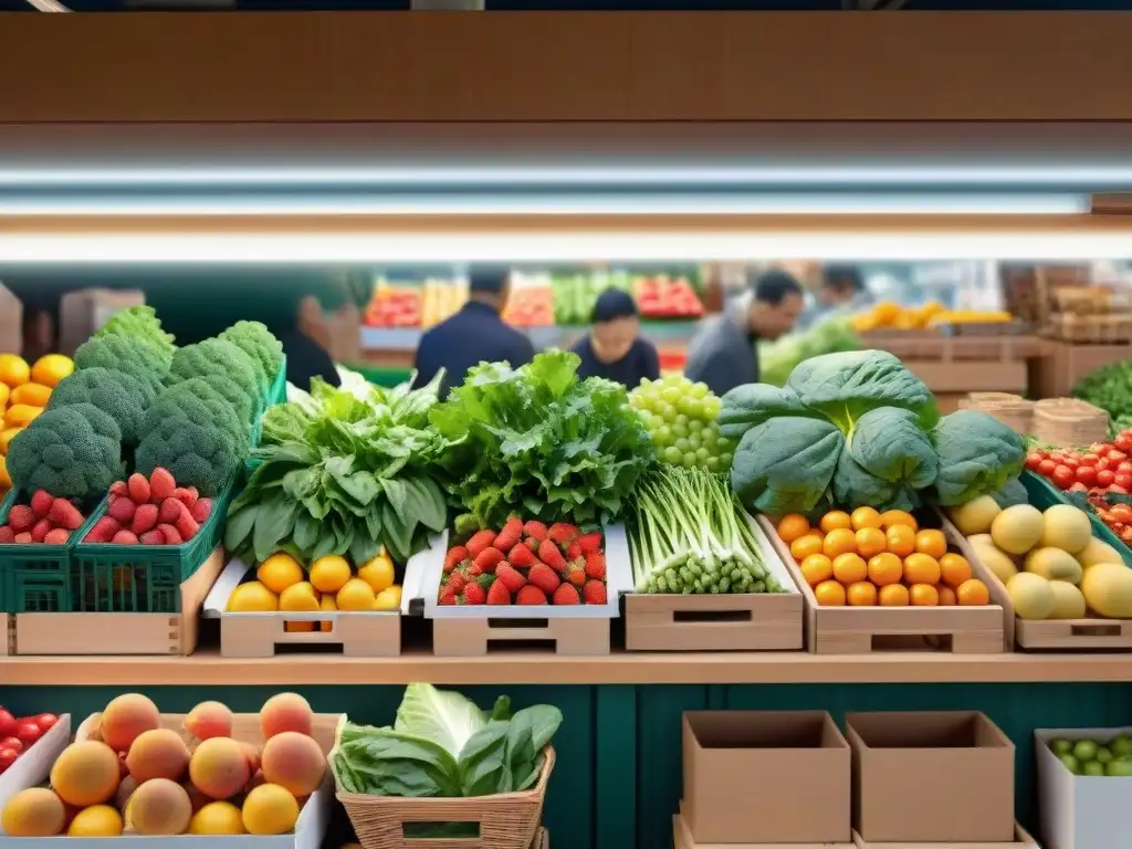 Un puesto de mercado lleno de frutas y verduras frescas, con clientes felices seleccionando ingredientes frescos exclusivos