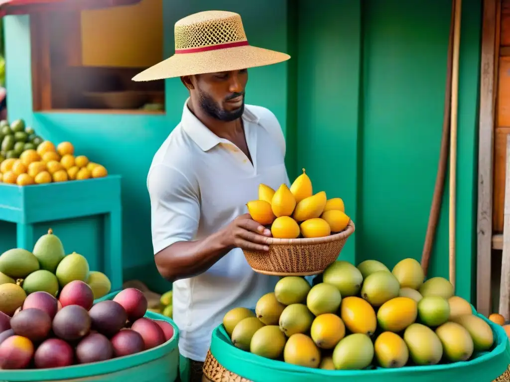 Un puesto de mercado en Jamaica rebosante de frutas tropicales, ingredientes versátiles en Jamaica