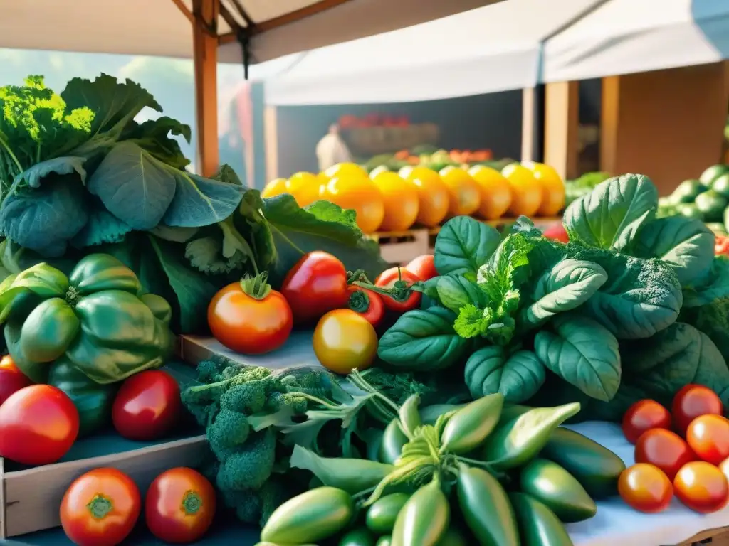 Un puesto de mercado rebosante de ingredientes frescos gourmet fotografiados con detalle