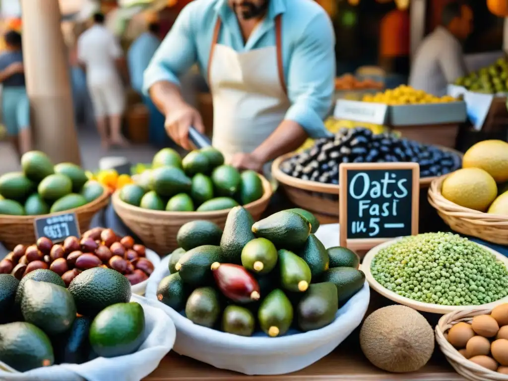 Un puesto vibrante en un mercado mediterráneo rebosante de grasas saludables en la dieta, como aguacates, aceitunas, frutos secos y pescado