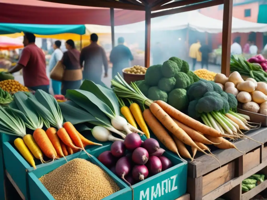 Un puesto vibrante en un mercado mexicano con yucas y camotes frescos en una escena llena de color y vida