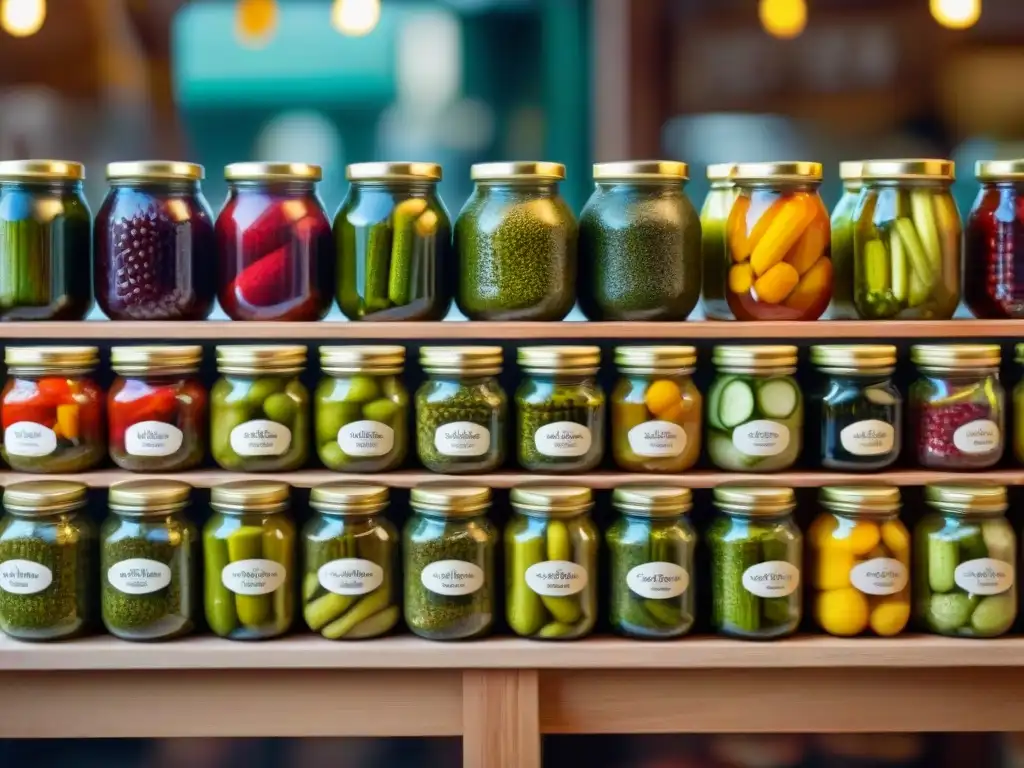 Un puesto vibrante en el mercado repleto de encurtidos gourmet tradicionales de todo el mundo, con clientes admirando la colorida exhibición