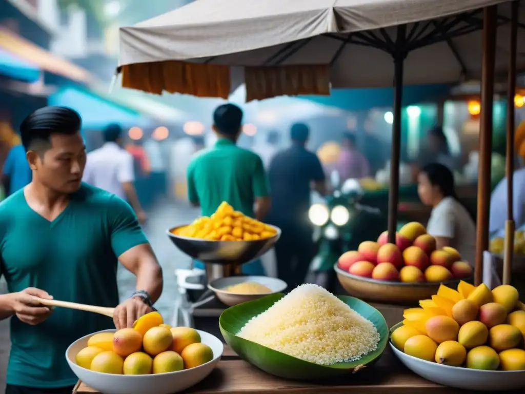 Puestos de Mango Sticky Rice en un bullicioso mercado tailandés, exhibiendo el colorido postre tradicional en todo su esplendor