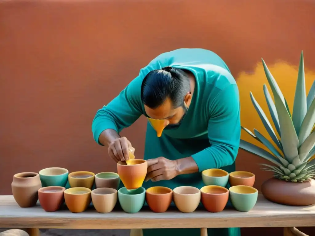 Una pulquería tradicional mexicana con murales vibrantes y clientes disfrutando del pulque en tazas de barro