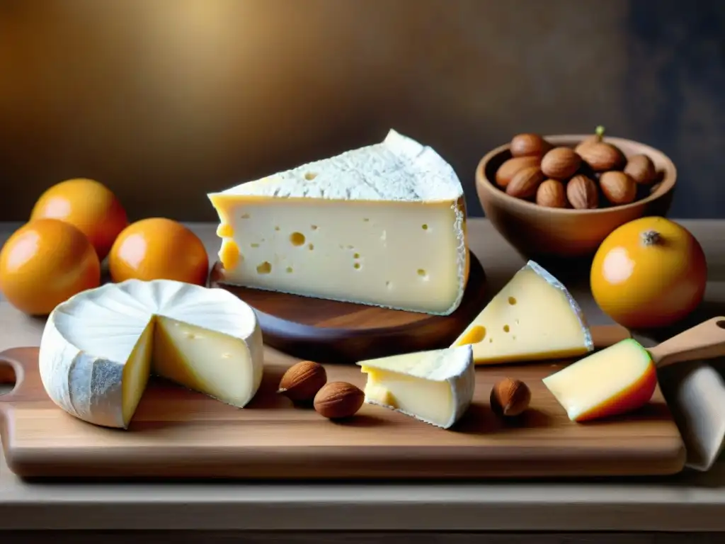 Fotografía de quesos artesanales en una mesa rústica con frutas, nueces y pan artesanal, iluminados de forma suave y detallada