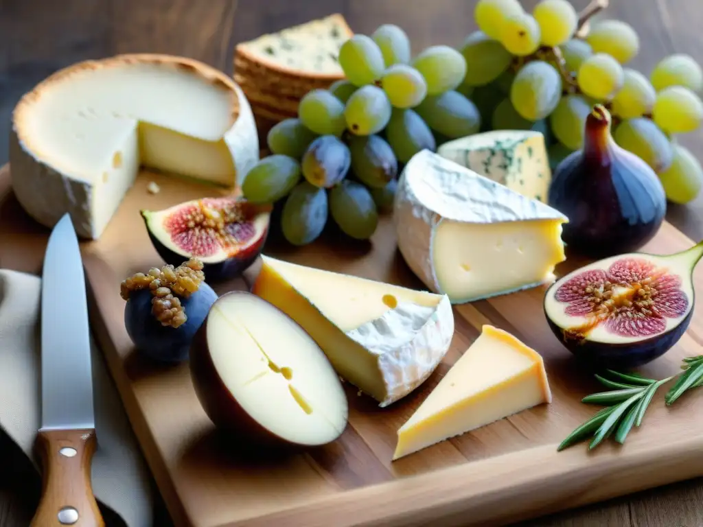 Quesos de cabra y vinos blancos gourmet en tabla de madera rústica, decorada con frutas y crackers artesanales en ambiente soleado