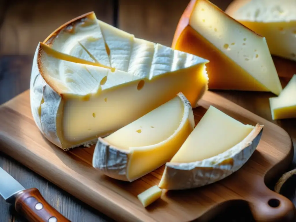 Dos quesos europeos: Brie cremoso y Parmigiano Reggiano duro, resaltando diferencias de textura y sabor en tabla rústica