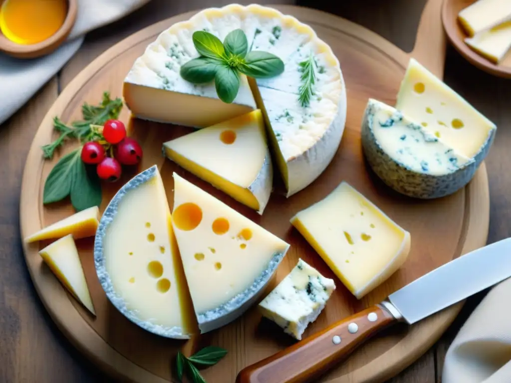 Exquisita variedad de quesos europeos de oveja en tabla rústica Quesos de oveja europeos delicados en tabla rústica con hierbas frescas, bayas y miel