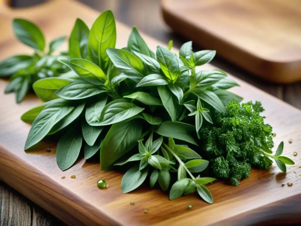 Un ramillete de hierbas frescas y vibrantes sobre tabla de madera, bañadas en rocío, evocando la potenciación del sabor en la gastronomía