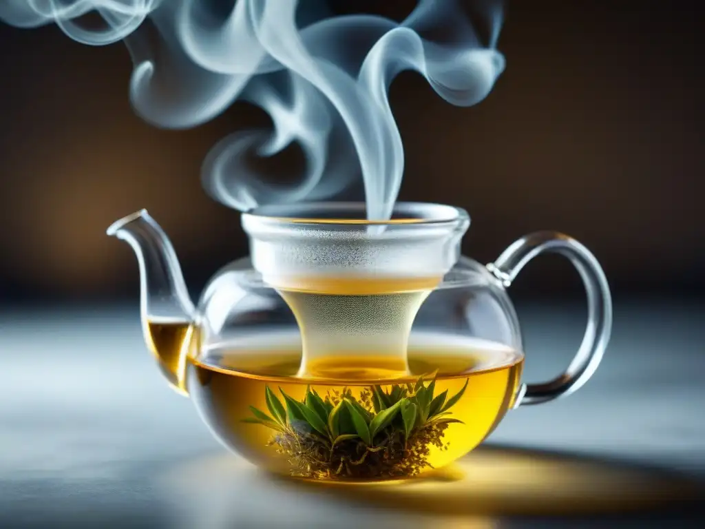 La rareza y exclusividad del té amarillo se despliega en una taza de cristal, con la hoja desplegándose lentamente y el vapor ascendiendo