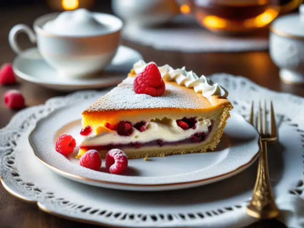 Una rebanada de Linzer Torte en plato vintage, con crema batida, frambuesa y azúcar glas