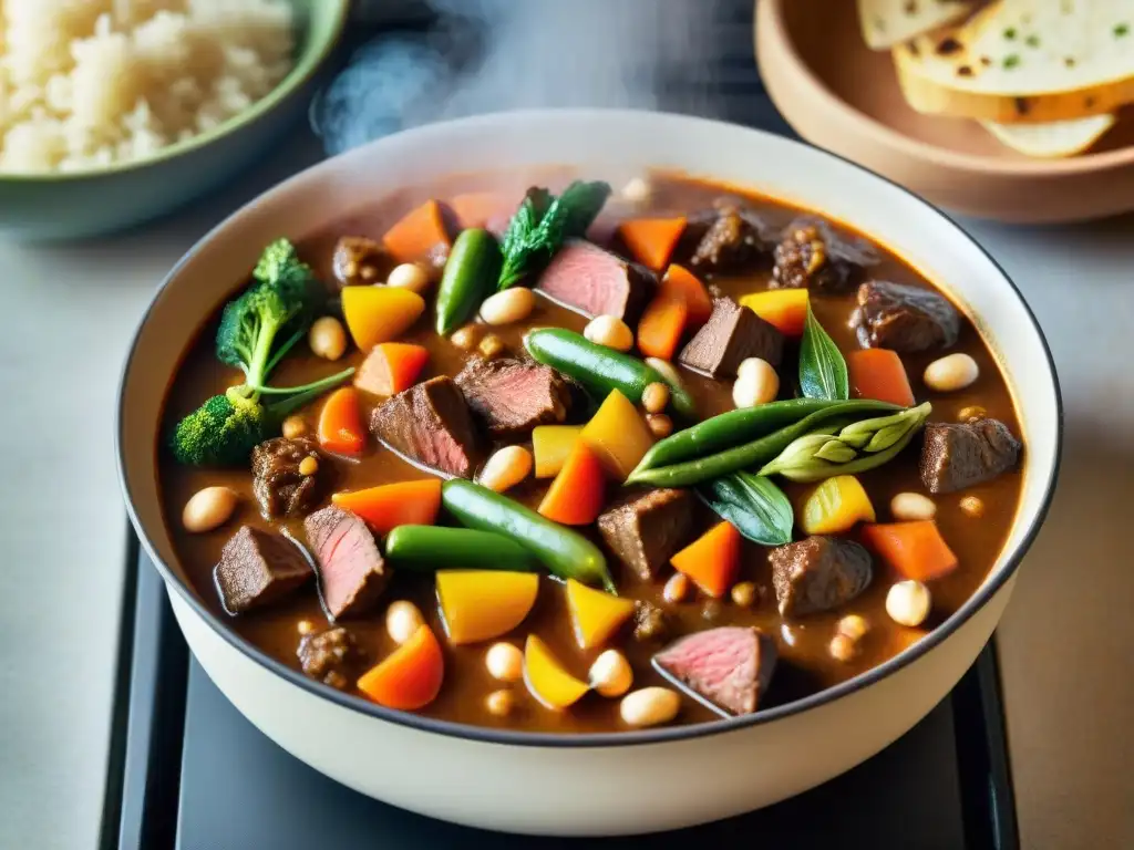 Receta casera de estofado africano Maafe: Una olla humeante llena de sabroso guiso con carne y vegetales, cocinándose en una cocina rústica