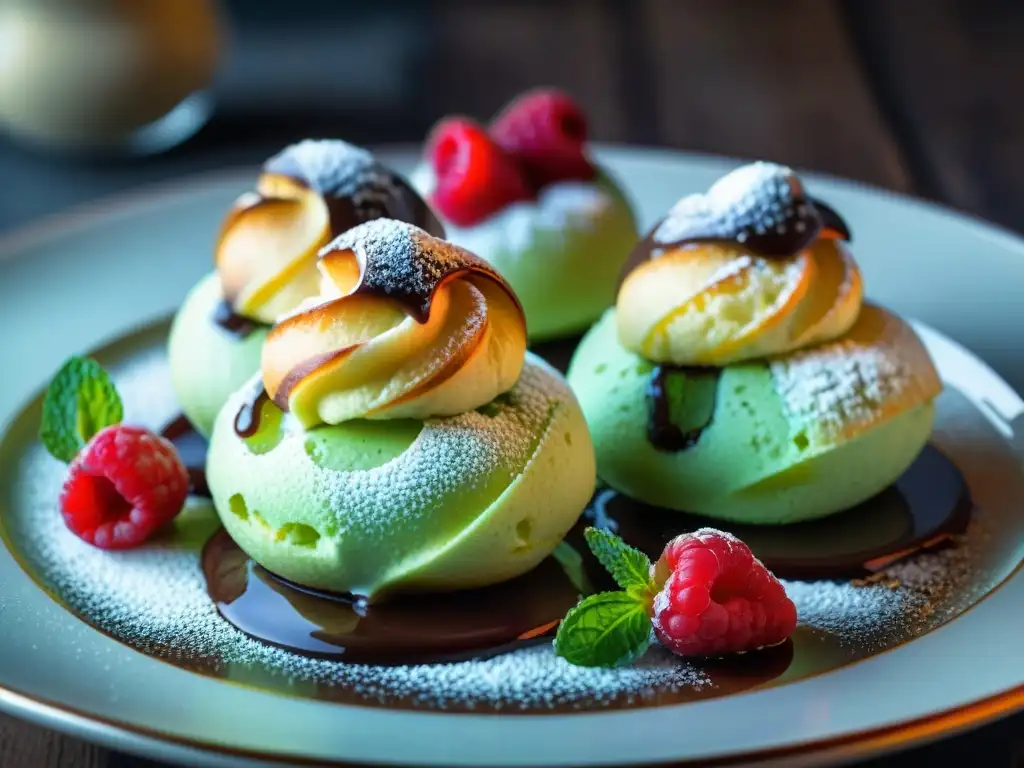 Receta fácil profiteroles gourmet: Plato blanco con profiteroles dorados, frambuesas, ganache de chocolate y hojas de menta