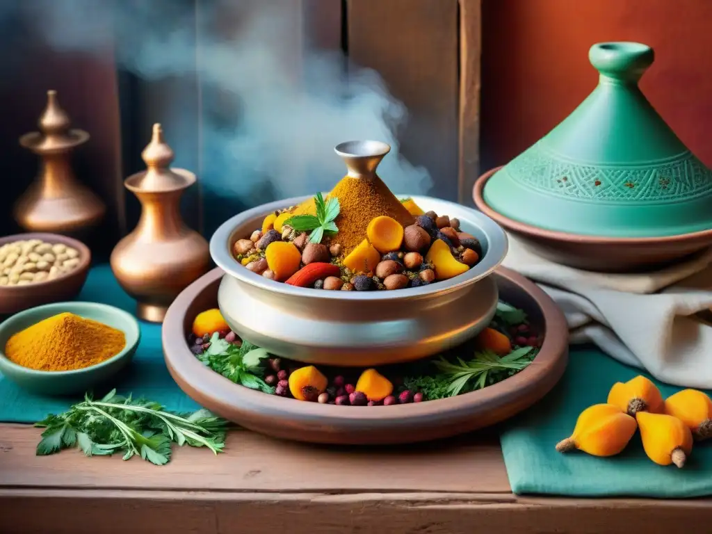 Receta de tagine marroquí con especias exóticas y aromáticas en un ambiente vibrante de mercado de especias en Marruecos