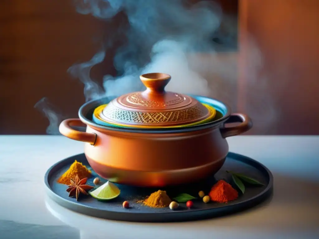 Receta tagine marroquí con especias exóticas: un festín de aromas y colores en un tagine tradicional en ebullición