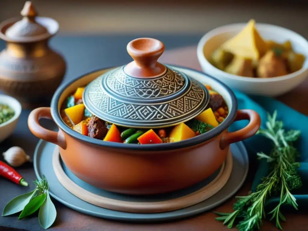 Receta tagine marroquí con especias exóticas en un potente y aromático guiso, decorado con patrones geométricos vibrantes