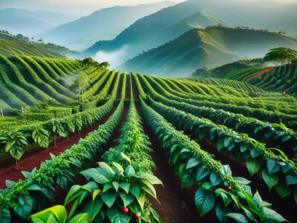 Plantación de café al amanecer con recolectores en vestimenta tradicional, creando una historia del café enriquecedora