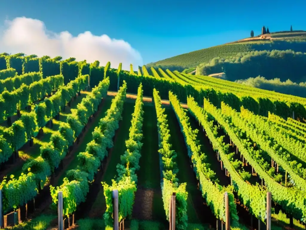 Recorrido gourmet por viñedos en Minho, Portugal: vides verdes bajo cielo azul, bodega tradicional al fondo