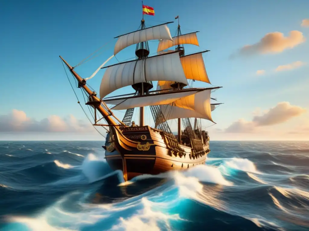 Una recreación detallada de un galeón español del siglo XVI navegando hacia Europa cargado de cacao, bajo un cielo azul