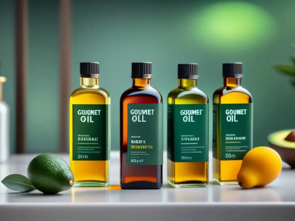 Una refinada comparación de aceites gourmet de oliva, presentados en elegantes botellas de vidrio en una moderna cocina