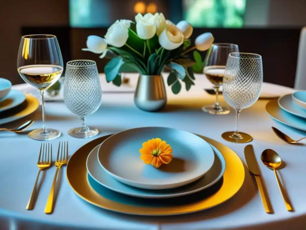 Un refinado estilo de mesa gourmet moderno, con elegante vajilla, cristalería y centros florales intrincados, bañado en luz natural