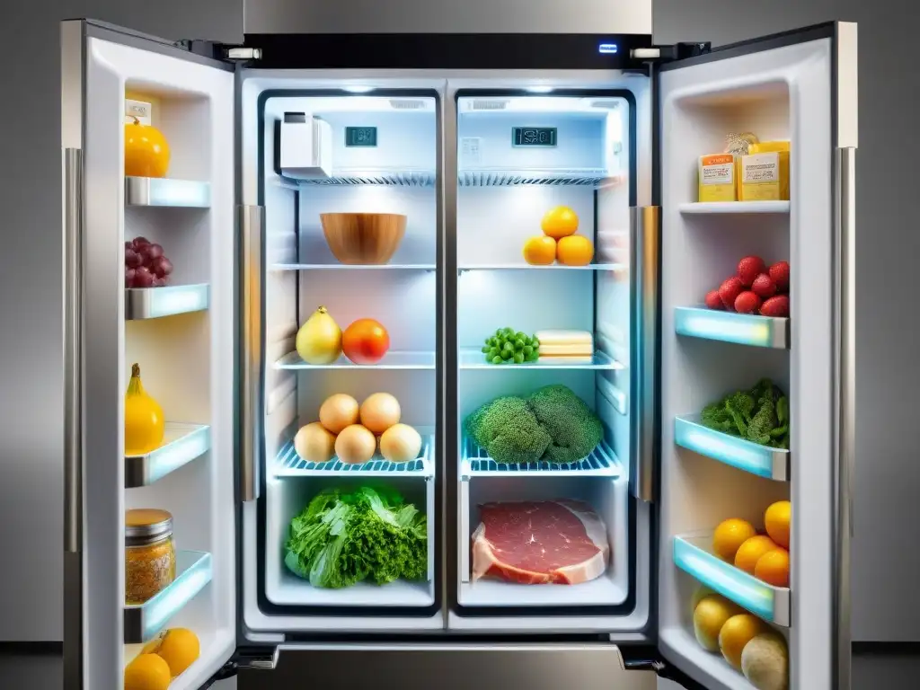 Un refrigerador de alta tecnología para preservar ingredientes gourmet, con una variedad de productos frescos y coloridos