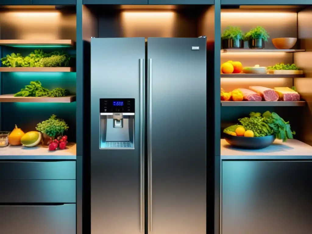 Refrigerador premium de acero inoxidable con ingredientes gourmet