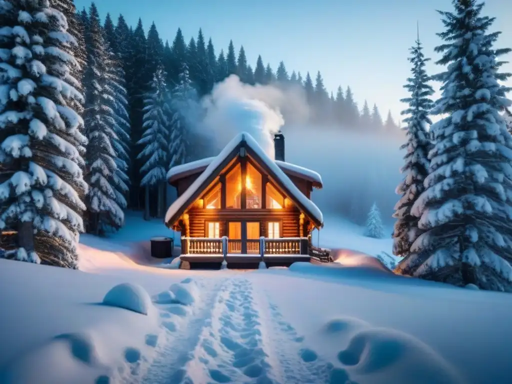 Refugio de invierno en Quebec: cabaña de madera acogedora entre pinos nevados