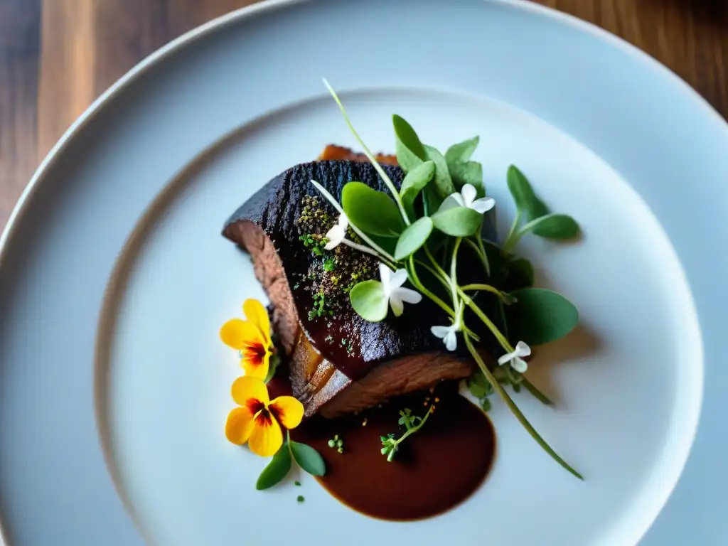 Mole mexicano moderno: reinterpretación visualmente impactante Una reinterpretación moderna de comidas tradicionales versiones contemporáneas: exquisito mole mexicano con cerdo y flores comestibles