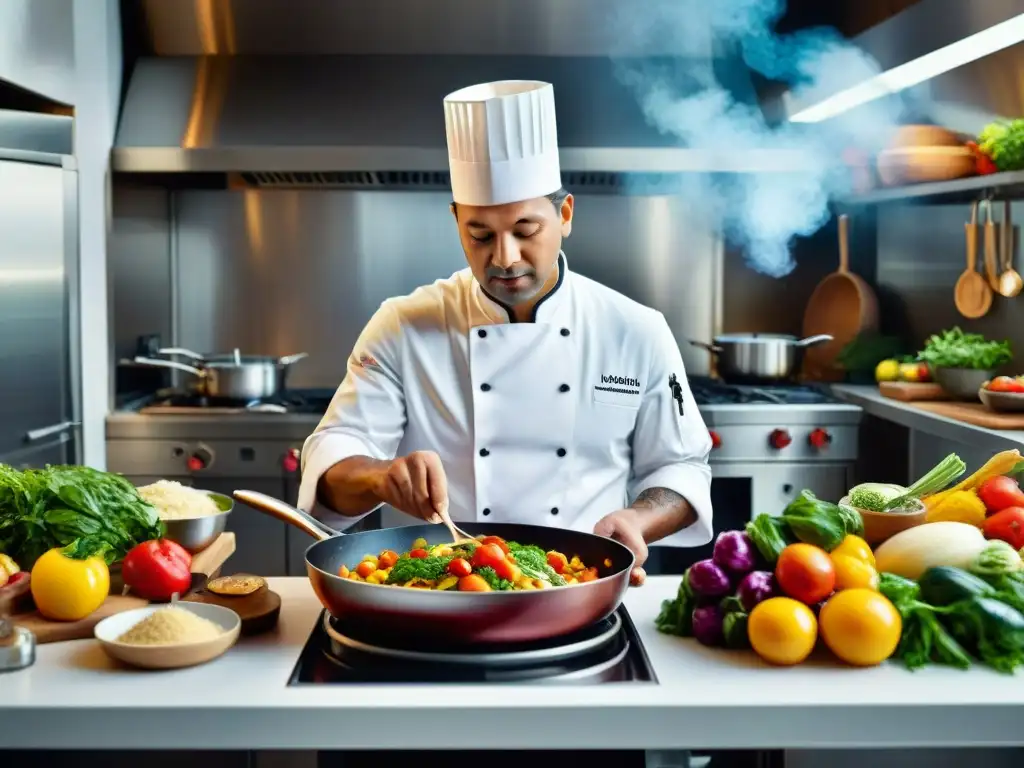 Un renombrado chef en una cocina sostenible, rodeado de productos frescos, preparando un plato colorido y apetitoso