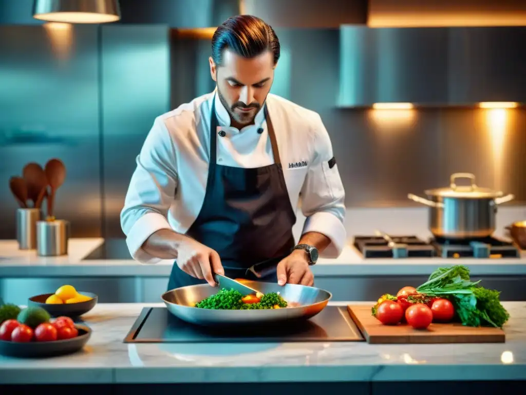 Un renombrado chef preparando con maestría un exquisito platillo gourmet en un estudio de cocina moderno