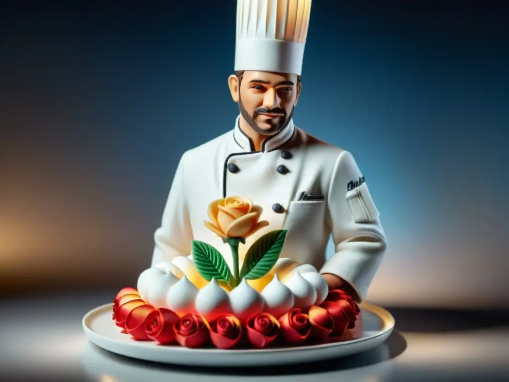 Un renombrado chef francés crea una rosa de azúcar en una escena elegante que refleja las aventuras culinarias de grandes nombres gourmet