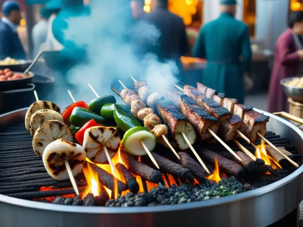 Una representación detallada y realista de un bullicioso mercado de comida callejera turca, destacando su historia auténtica kebab turco