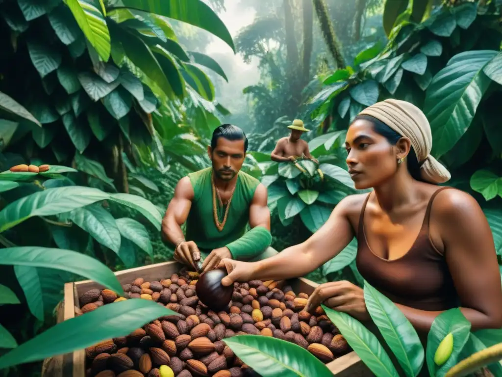 Reputación del chocolate a lo largo de los siglos: Detallada ilustración de mesoamericanos cosechando cacao en la selva