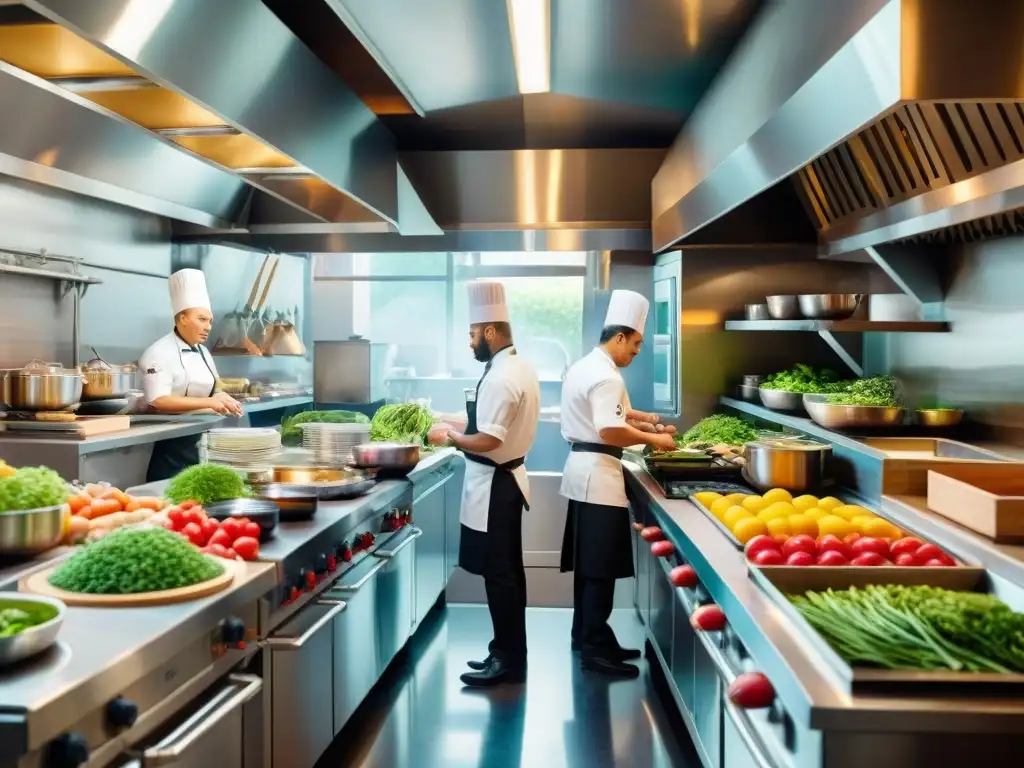 Transformación restaurante compostaje: Cocina llena de energía, chefs preparando platos con cuidado y precisión entre vegetales frescos y vapor