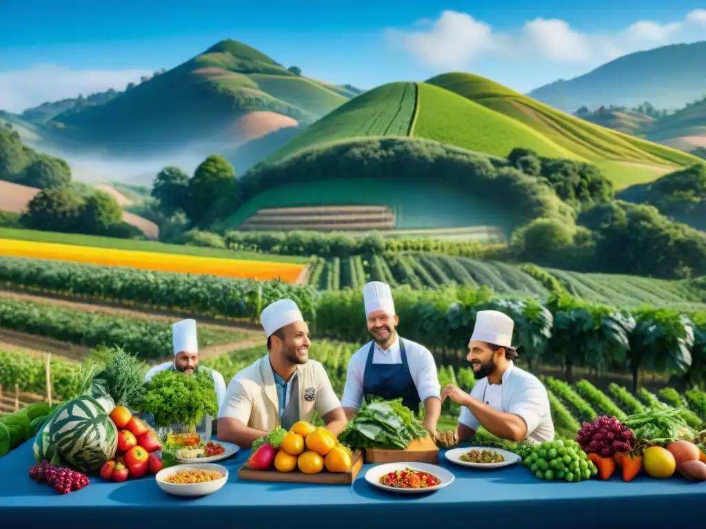 Un restaurante de granja a mesa rodeado de cultivos orgánicos en colinas, chefs y granjeros trabajando juntos