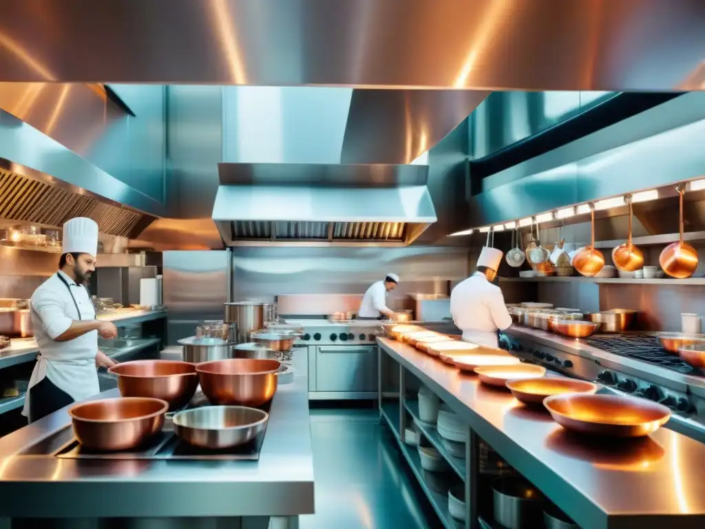 Un restaurante de lujo con un chef estrella preparando platos gourmet junto a su equipo en una cocina impecablemente organizada