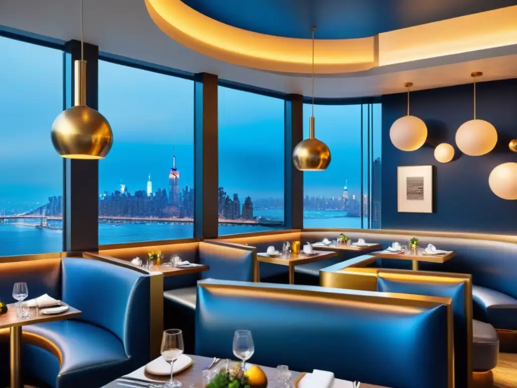 Restaurante de lujo en NYC: innovación culinaria y sofisticación Un restaurante moderno y elegante en Nueva York, con una atmósfera lujosa y creativa